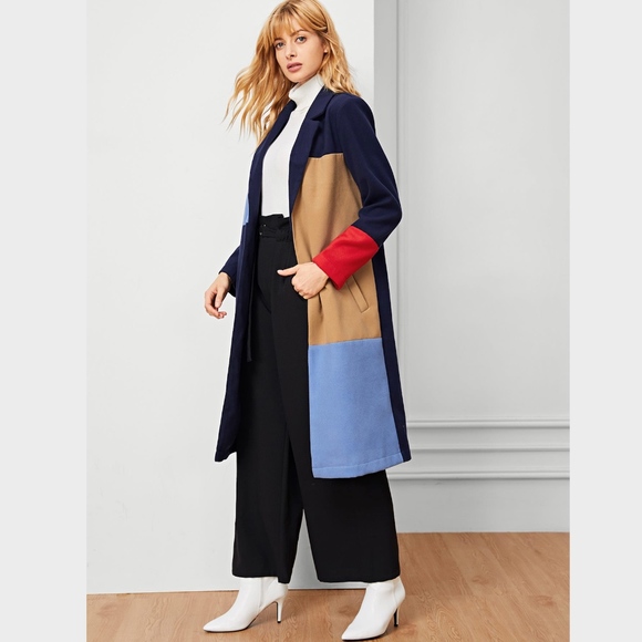 Blue Color Block Midi Coat w/Pockets - Picture 2 of 6